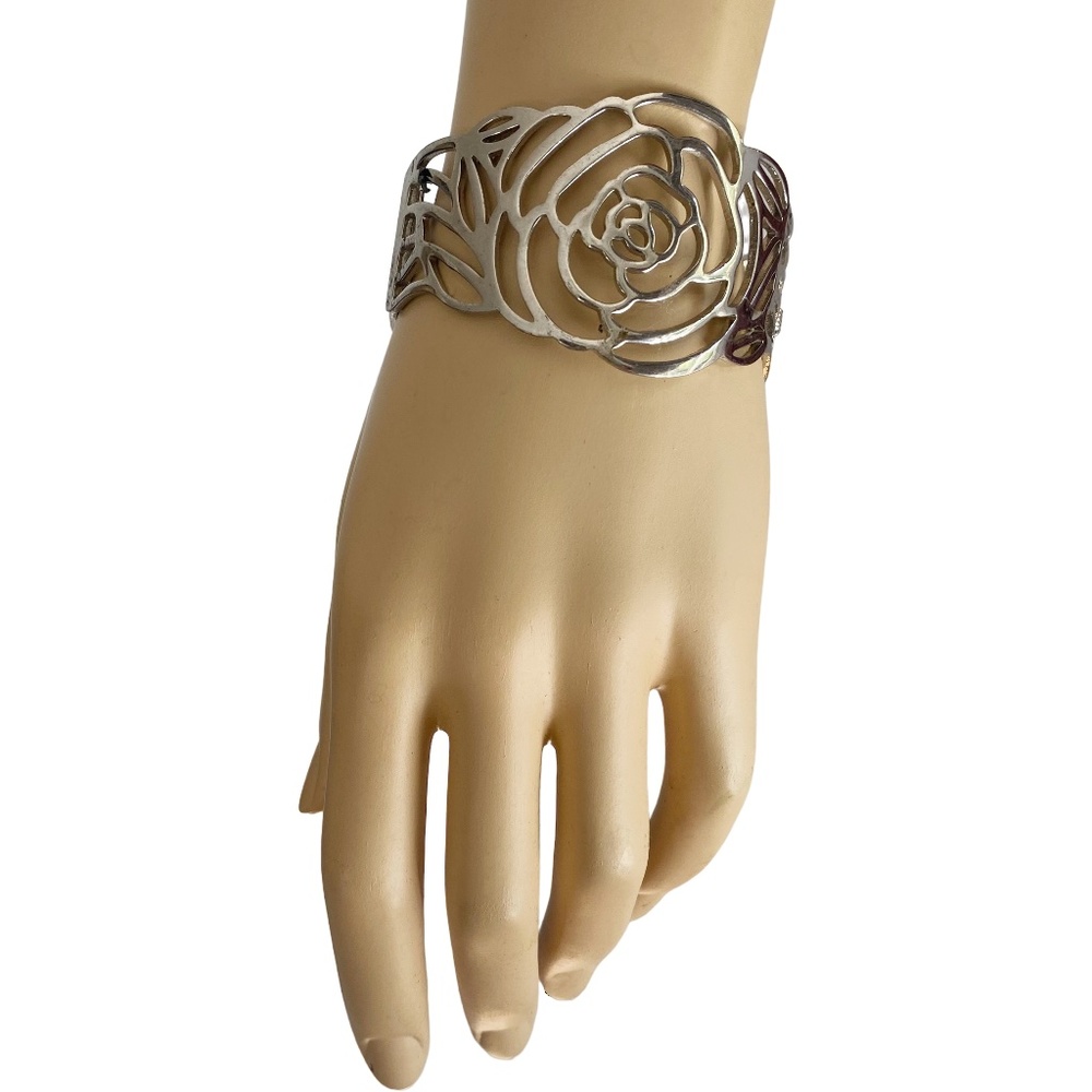 Rose Cutout Hinge Wide Bangle Statement Bracelet - image 1
